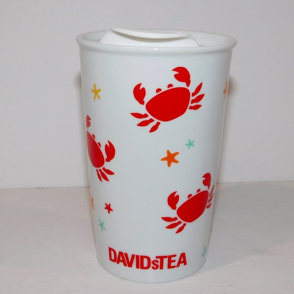 David's Tea Red Crabs Starfish White Ceramic Travel On the Go Tumbler Mug w Lid - Picture 1 of 9